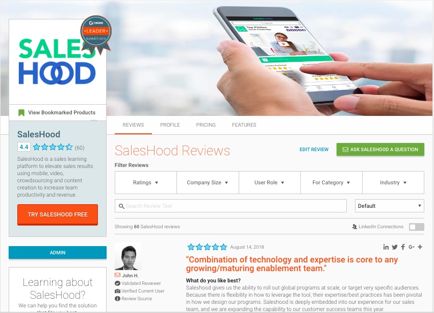 SalesHood Recognized as Industry Leader in Sales Enablement on G2 Crowd